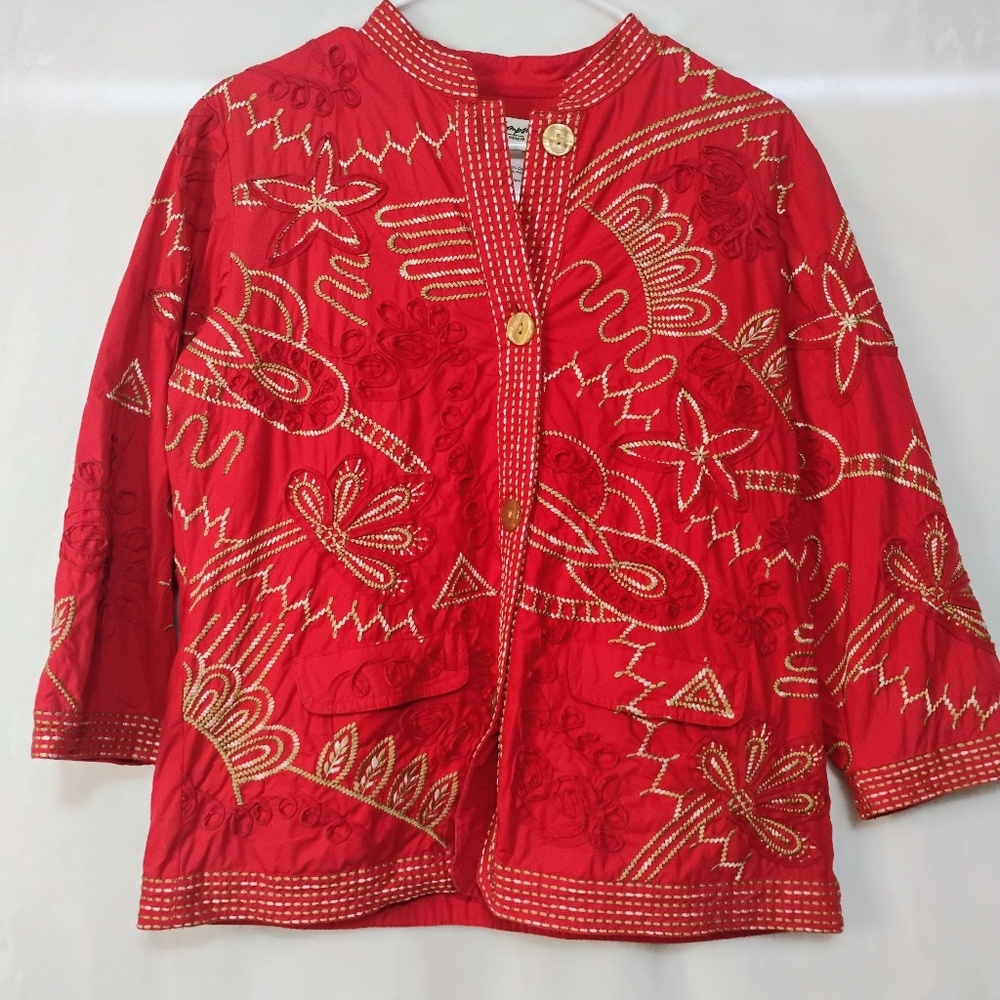 Vtg Norm Thompson Medium Red Embroidered Cotton Jacket Gold Ribbon Work Floral O